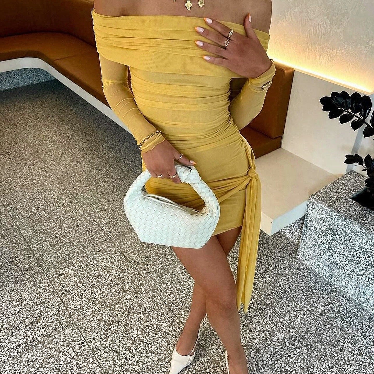 Benni. ‘Yasmin’ off- shoulder mustard mini