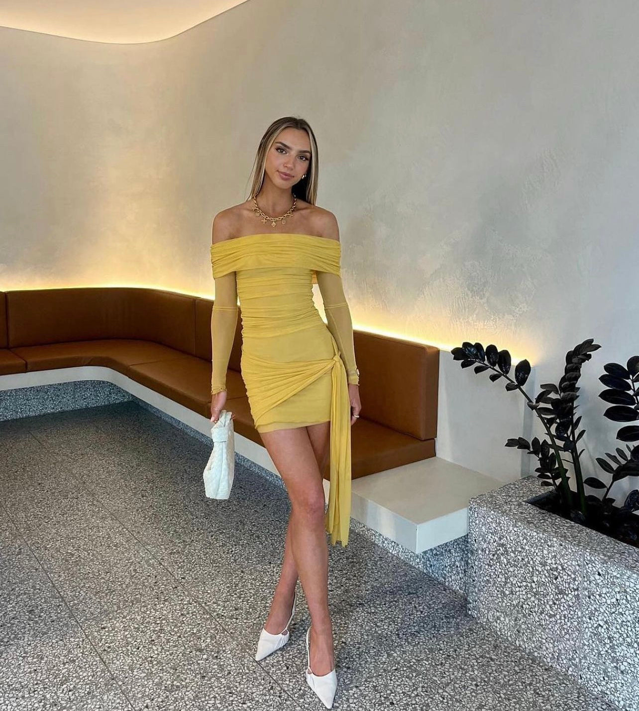 Benni. ‘Yasmin’ off- shoulder mustard mini